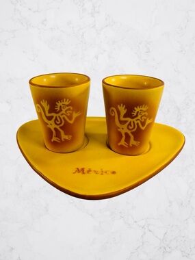 Hola Mexico Kokopelli Folk Art Pottery Cup Shot Glass Tray Set Of 3 Orange Brown